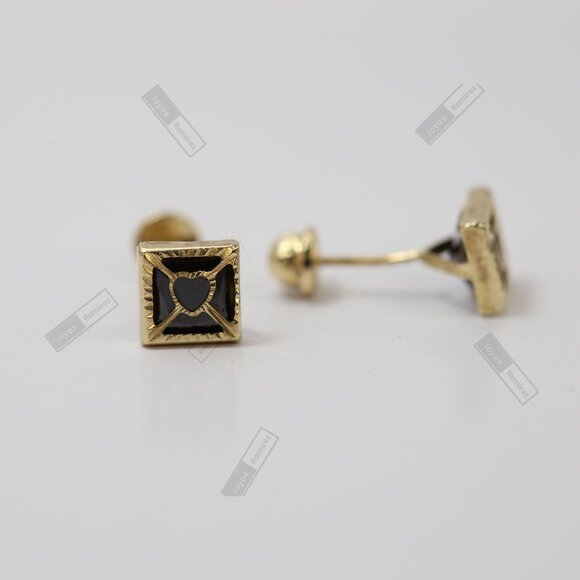 5mm Solid 14K Gold Square Stud Earrings with Black Heart Center • Elegant Design - Picture 4 of 8